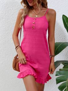 SHEIN VCAY Đầm Viên lá sen Nút phía trước màu trơn Giải trí - Màu Hồng Tươi - Xem 1