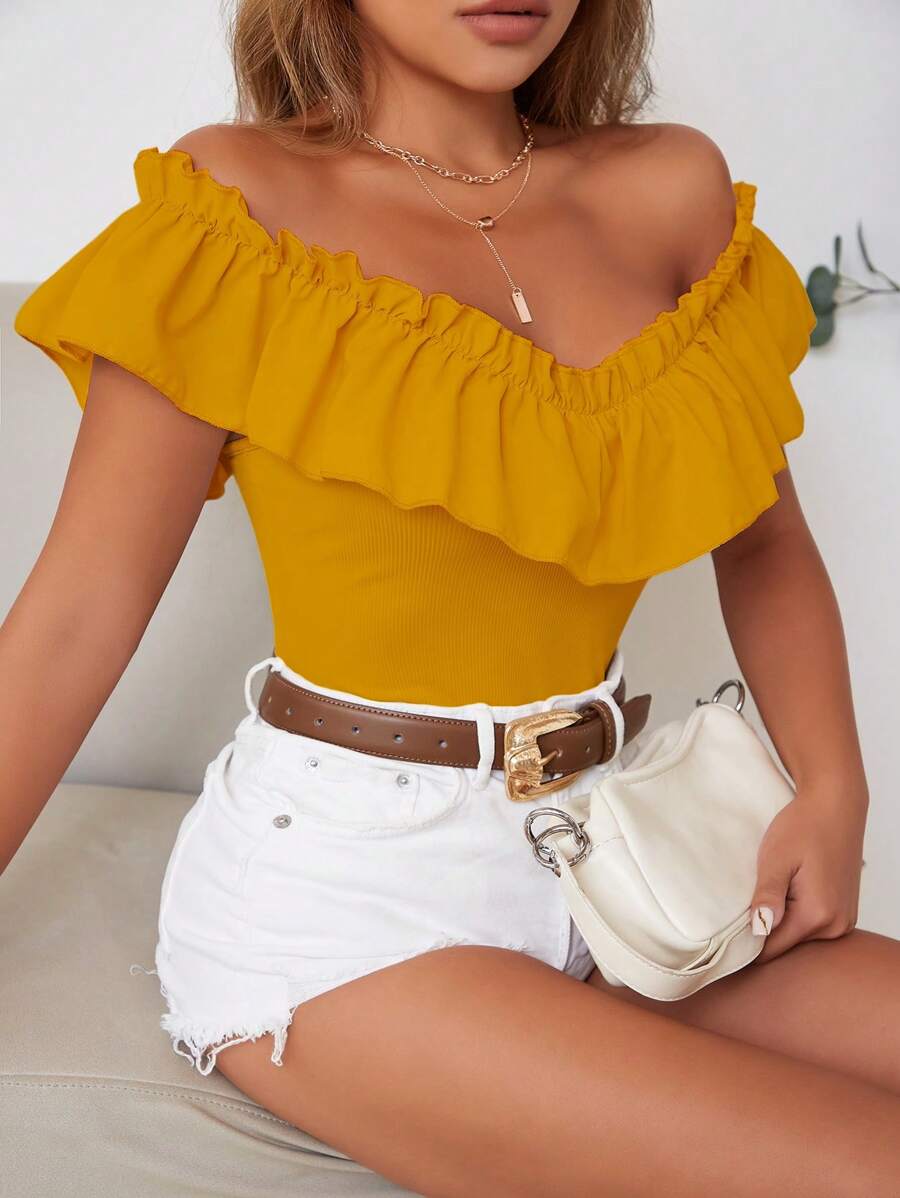 Chiquease Áo thun nữ viền lá sen Xù màu trơn Giải trí - Màu Mù tạt vàng - Xem 1