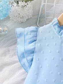 小女童圓點蕾絲拼接荷葉邊連衣裙 - 淺藍色 - 查看 4