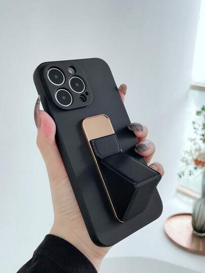 Apple Card Holder 1pc Minimalist TPU Matte Black Phone Case + Electroplated Bracket Slouchy Stand Phone Protective Cover, For & Waterproof Shockproof Anti-Fall Scratch Resistant