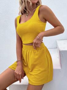 SHEIN LUNE Top tank crop unicolor tejido waffle & Shorts - Amarillo - Ver 4