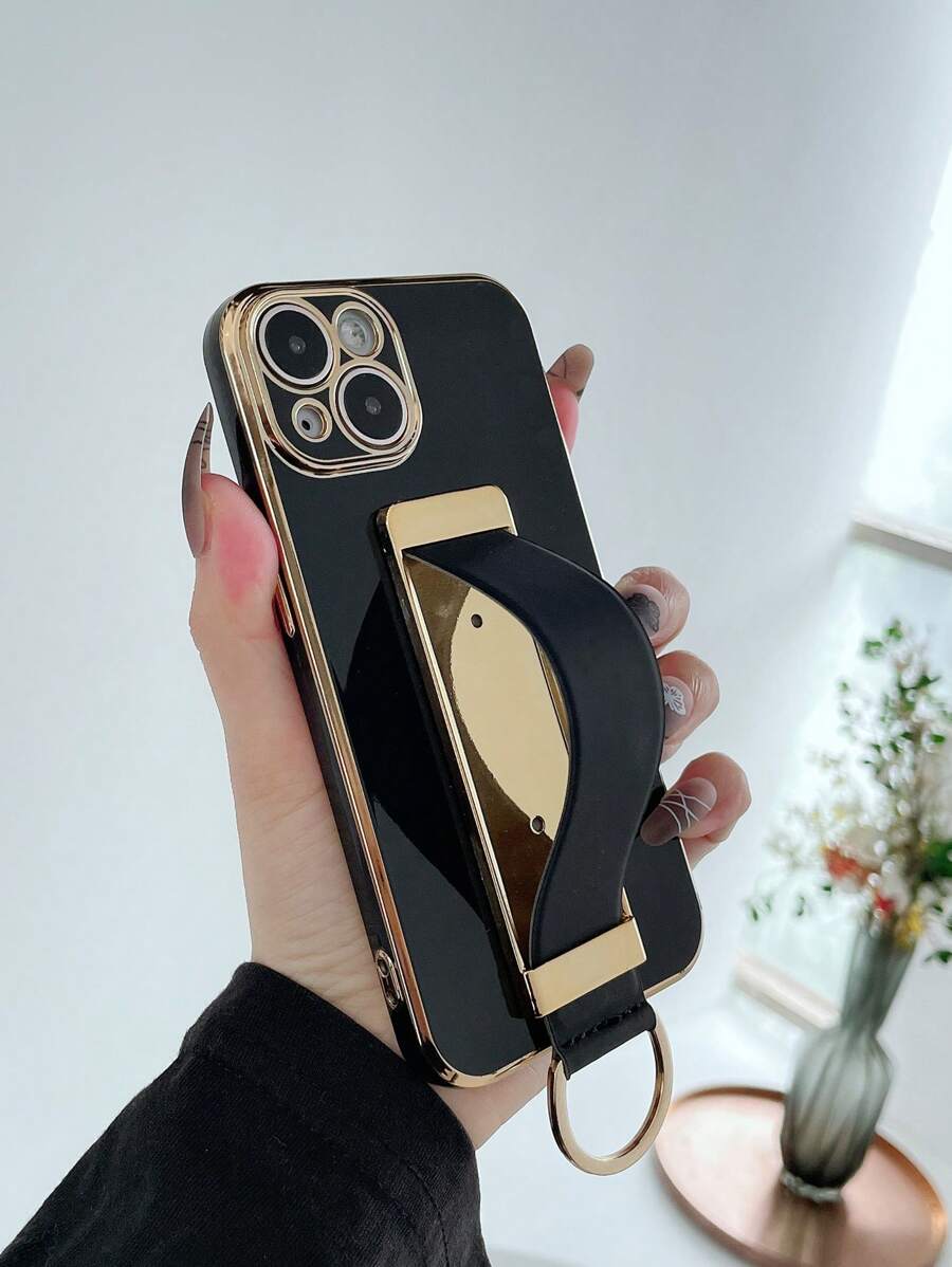 1pc Solid Color Glossy Surface 6d Electroplating Phone Case With Built-In Wristband & Ring Holder Compatible With Iphone, Compatible With Galaxy, Compatible With Redmi, Compatible With Huawei Phones - White - View 1