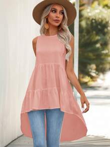 SHEIN LUNE Camisa sin manga unicolor bajo con fruncido - Rosa - Ver 5