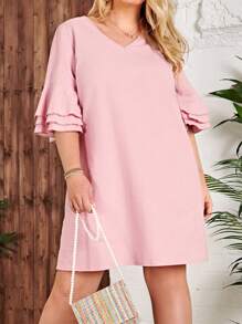 SHEIN Clasi Plus Size Solid V Neck Flounce Sleeve Tunic Dress Comfortable