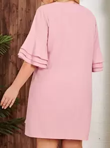 SHEIN Clasi Plus Size Solid V Neck Flounce Sleeve Tunic Dress Comfortable
