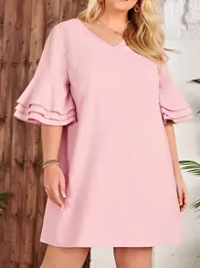 SHEIN Clasi Plus Size Solid V Neck Flounce Sleeve Tunic Dress Comfortable