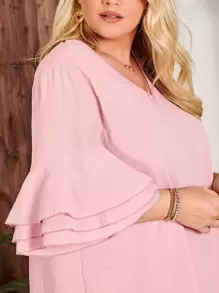 SHEIN Clasi Plus Size Solid V Neck Flounce Sleeve Tunic Dress Comfortable