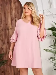 SHEIN Clasi Plus Size Solid V Neck Flounce Sleeve Tunic Dress Comfortable