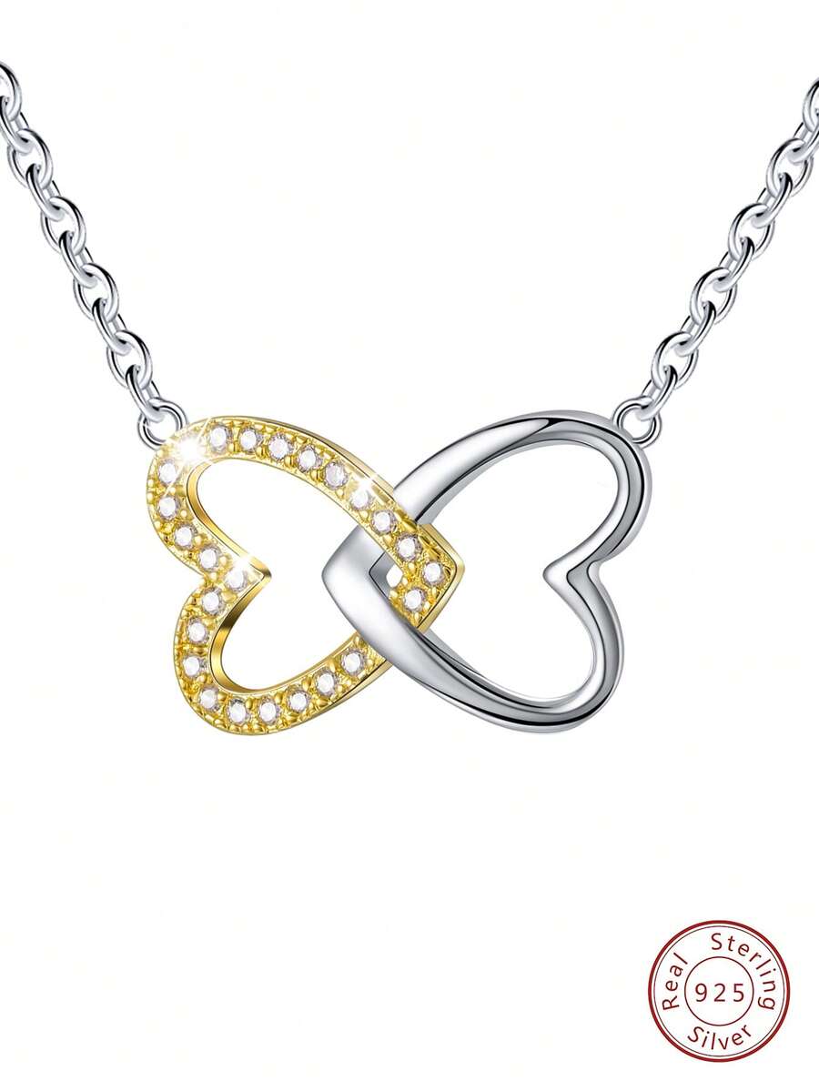 1 pieza de collar con colgante romántico de corazones cruzados, joyería para mujer, joyería fina de plata de ley S925, ropa de uso diario, regalos de moda - Multicolor - Ver 1