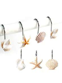 12pcs/Set White & Khaki Shell Shaped Shower Curtain Hooks, Fashionable New Resin Shell & Starfish Design Multi-Purpose Bathroom & Kitchen Hooks, Suitable For Daily Use, Home Decor, Holiday Gifts - Yellow - View 2