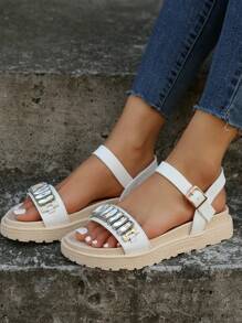 Women Rhinestone Decor Ankle Strap Sandals, Glamorous White Wedge Sandals - White - View 2