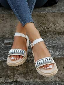 Women Rhinestone Decor Ankle Strap Sandals, Glamorous White Wedge Sandals - White - View 3