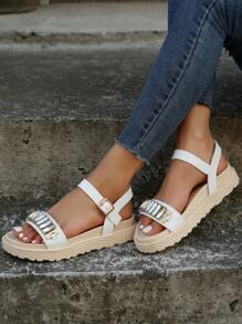 Women Rhinestone Decor Ankle Strap Sandals, Glamorous White Wedge Sandals - White - View 4