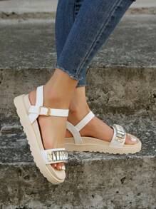 Women Rhinestone Decor Ankle Strap Sandals, Glamorous White Wedge Sandals - White - View 5