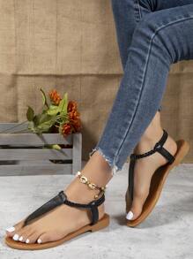 女士編織細節丁字褲度假夏天平底涼鞋 - 黑色 - 查看 4