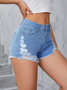 Quần short denim nữ Túi Hem thô Dây kéo màu trơn - Rửa trung bình - Xem 4