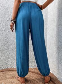 SHEIN LUNE Solid Elastic Waist Carrot Trousers - Teal Blue - View 2