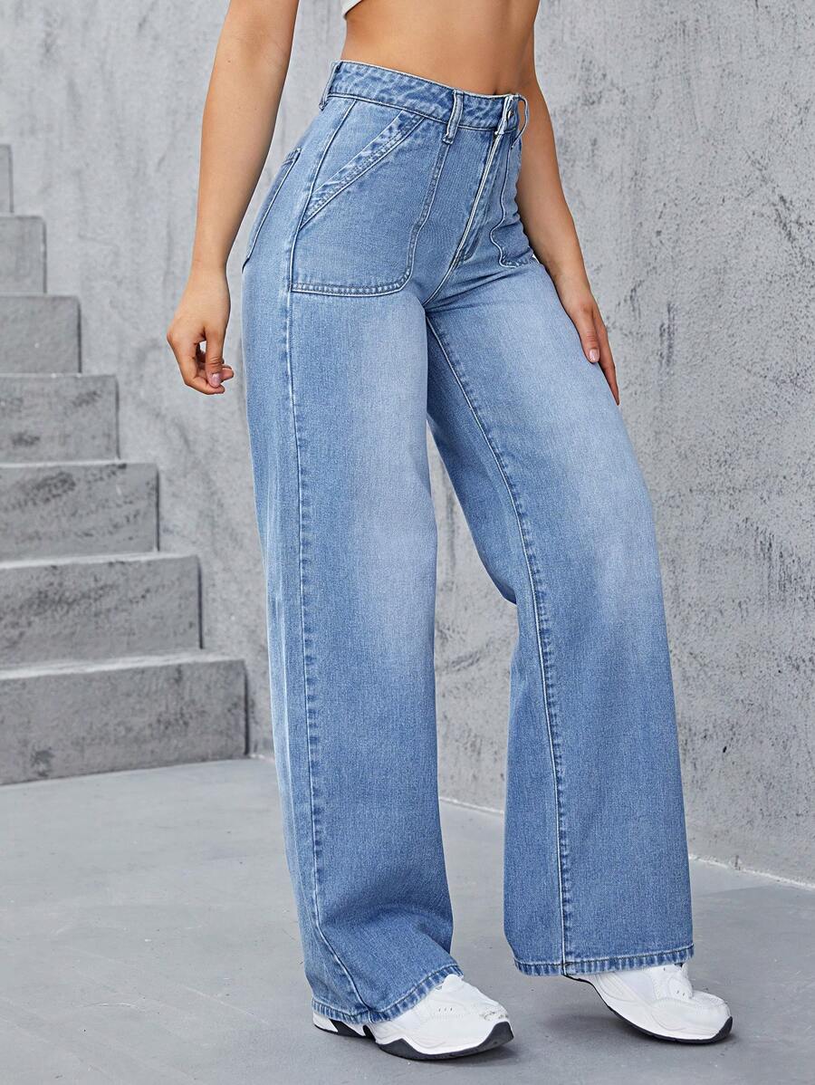 SHEIN EZwear High Waist Wide Leg Jeans - Light Wash - View 1