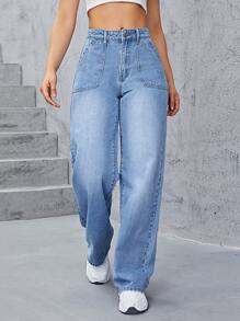 SHEIN EZwear High Waist Wide Leg Jeans - Light Wash - View 4
