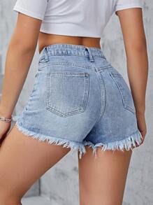 Flexra 破洞毛邊牛仔短褲 - 中等水洗藍 - 查看 2