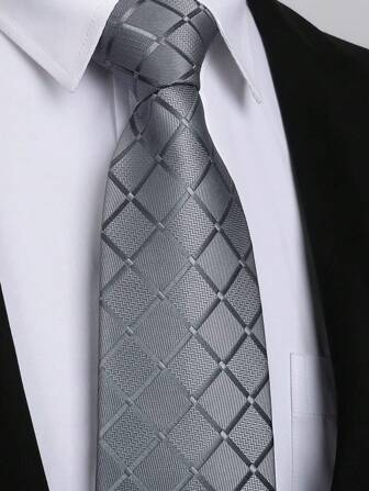 1條男士8cm寬深灰格紋領帶，適用於時尚派對、婚禮或休閒場合
