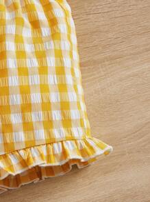 SHEIN Baby Girl Gingham Print Ruffle Trim Split Back Top & Shorts, For Christmas - Yellow - View 4