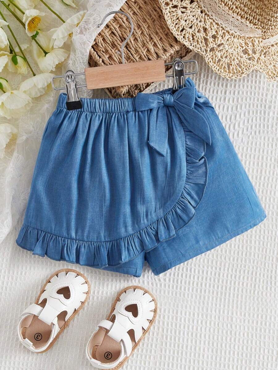 SHEIN Baby Girl Ruffle Trim Wrap Knot Side Skort - Blue - View 1