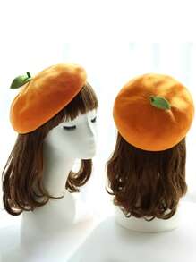 1入組女式可愛豆芽畫家帽，果橙色透氣貝雷帽非常適合旅行、聚會、禮物和日常穿著 - 橘色 - 查看 4