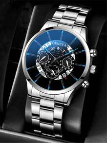 1 Nam Bạc Dây Thép Không Gỉ Ngày Kinh Doanh Mặt Tròn Đồng Hồ Thạch Anh & 2 Bộ Trang Sức, cho Cuộc Sống Hàng Ngày - Bạc - Xem 2