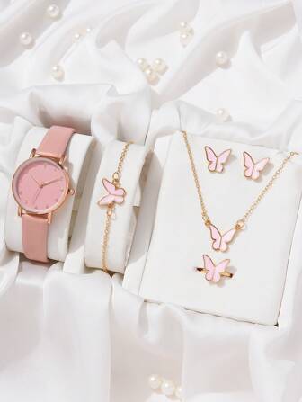 1入組女士粉色PU聚氨酯帶時尚圓形錶盤石英表和5入組首飾類適用於日常