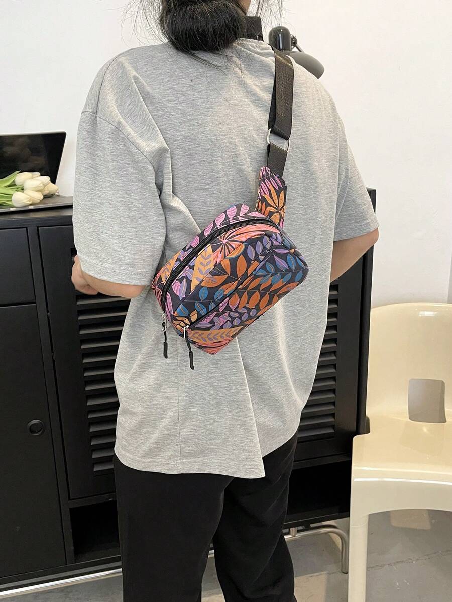 Mini Fanny Pack Colorblock Leaf Pattern For Daily - Purple - View 1