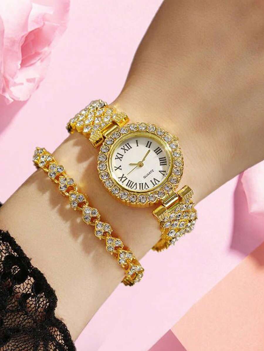 1 Nữ Hoa Hồng Vàng Dây Đeo Hợp Kim Kẽm Quyến Rũ Đá Trang Trí Mặt Tròn Đồng Hồ Thạch Anh & 1 Dây Chuyền Vòng Tay, Cho Đảng - Vàng - Xem 1