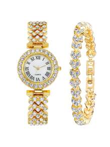 1 Nữ Hoa Hồng Vàng Dây Đeo Hợp Kim Kẽm Quyến Rũ Đá Trang Trí Mặt Tròn Đồng Hồ Thạch Anh & 1 Dây Chuyền Vòng Tay, Cho Đảng - Vàng - Xem 2