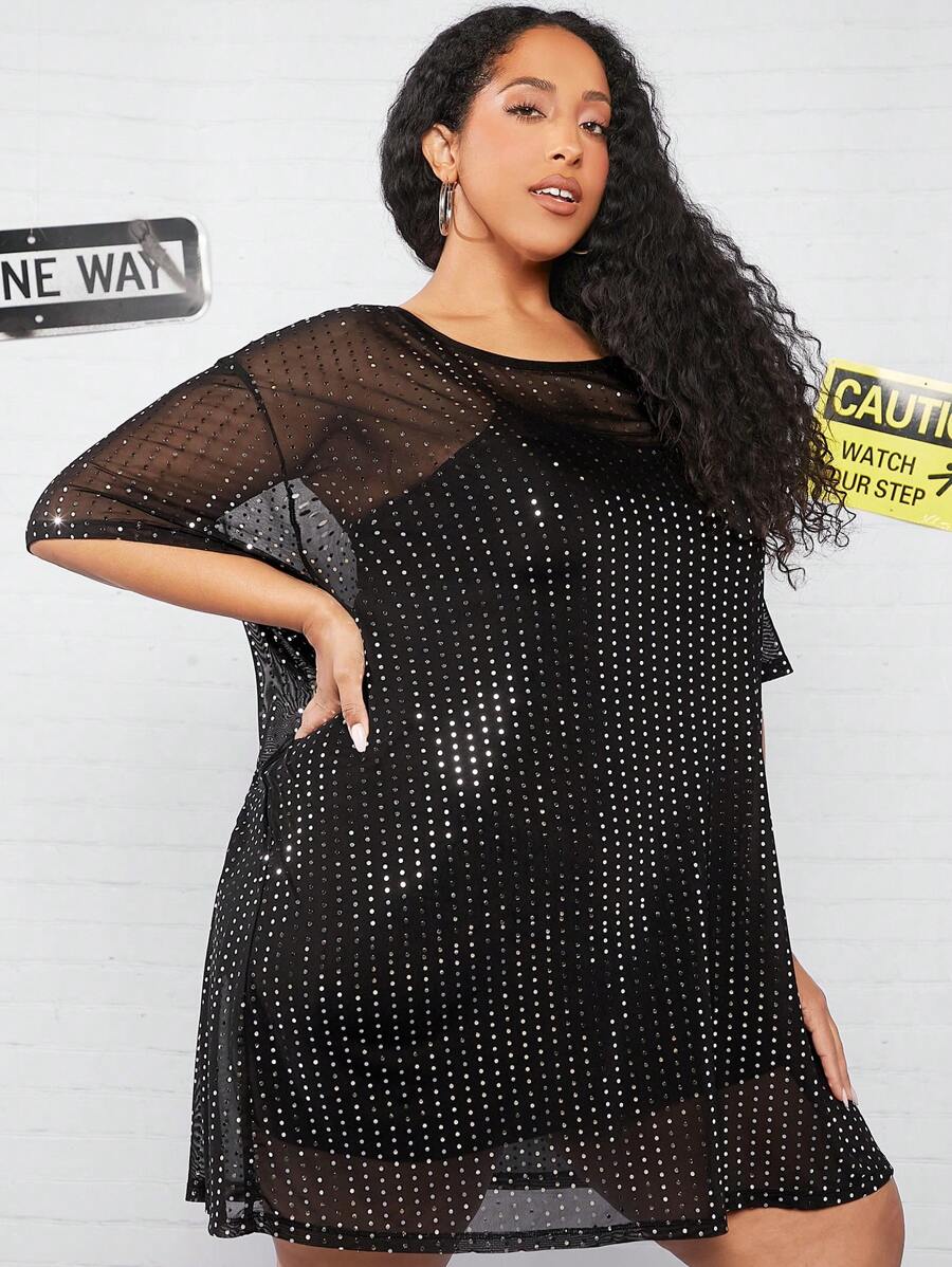 SHEIN CURVE+ 大碼亮片裝飾落肩袖洋裝不附帶吊帶內搭 - 黑色 - 查看 1