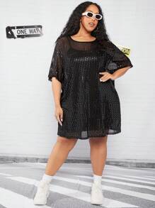 SHEIN CURVE+ 大碼亮片裝飾落肩袖洋裝不附帶吊帶內搭 - 黑色 - 查看 5