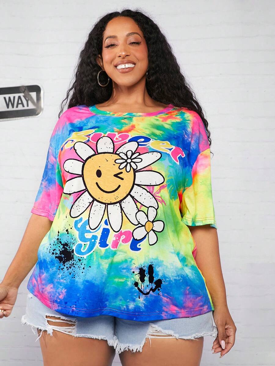 SHEIN CURVE+ 大碼紮染卡通圖案落肩T恤 - 彩色 - 查看 1