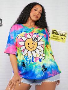 SHEIN CURVE+ 大碼紮染卡通圖案落肩T恤 - 彩色 - 查看 5