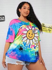 SHEIN CURVE+ 大碼紮染卡通圖案落肩T恤 - 彩色 - 查看 6