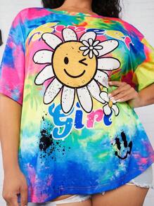 SHEIN CURVE+ 大碼紮染卡通圖案落肩T恤 - 彩色 - 查看 7