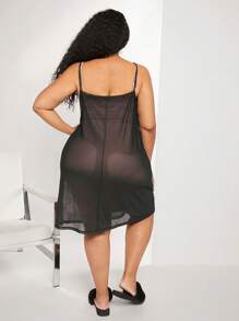 SHEIN CURVE+ 大碼印花蕾絲拼接透視網紗睡裙不附帶吊帶連衣裙 - 黑色 - 查看 2