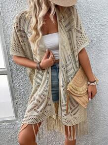 Hollow Out Fringe Hem Kimono - Apricot - View 1