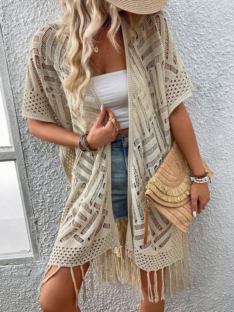 Hollow Out Fringe Hem Kimono - Apricot - View 1