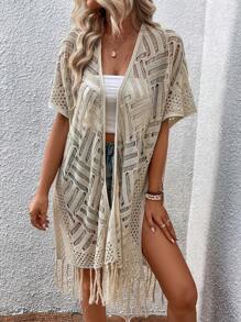 Hollow Out Fringe Hem Kimono - Apricot - View 4