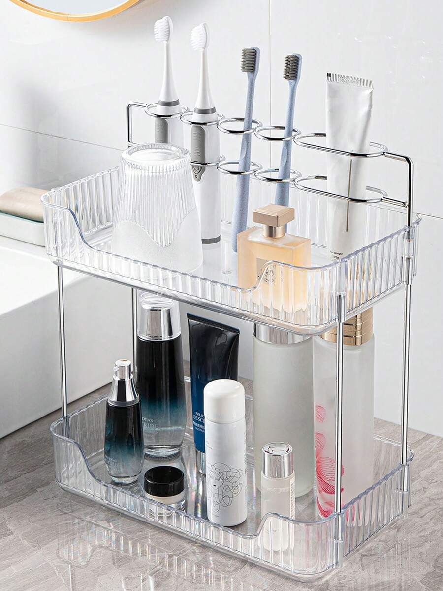 1pc Double Layer Bathroom Storage Rack, Modern Plastic Desktop Storage Holder For Bathroom - Clear - View 1