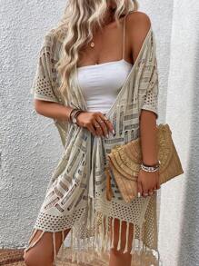 Hollow Out Fringe Hem Kimono - Apricot - View 6