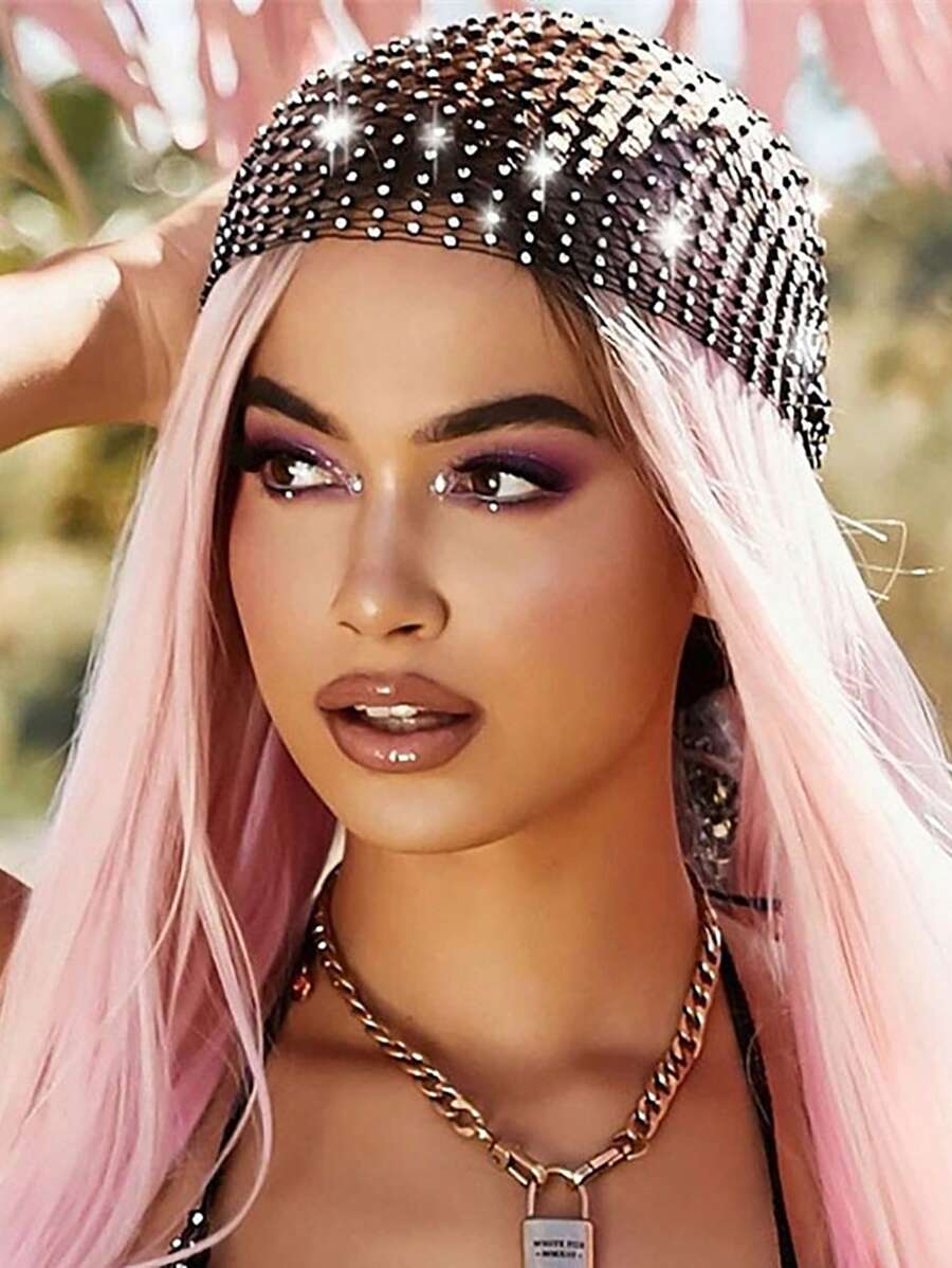 1pc Women Rhinestone Decor Glamorous Hat, For Party - Black - View 1