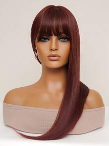 長款直筒人造假髮帶劉海 - 酒紅色 - 查看 3