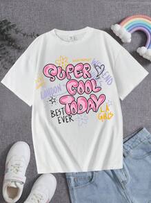SHEIN Leap Crew Teen Girl Floral & Slogan Graphic T-Shirt, Suitable For Summer Casual Wear