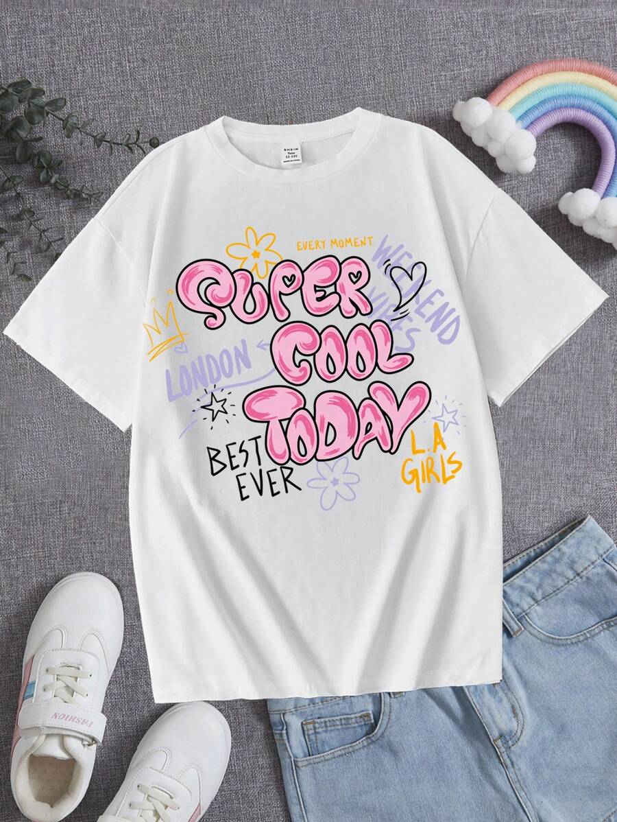 SHEIN Leap Crew Teen Girl Floral & Slogan Graphic T-Shirt, Suitable For Summer Casual Wear