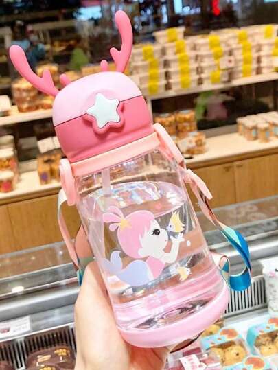 1pc Cartoon Graphic Antler Decor Water Bottle, Cartoon Girl & Fish Print Water Bottle For Indoor And Outdoor